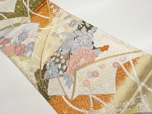 九百佐賀錦地紙に草花・孔雀模様織出し袋帯